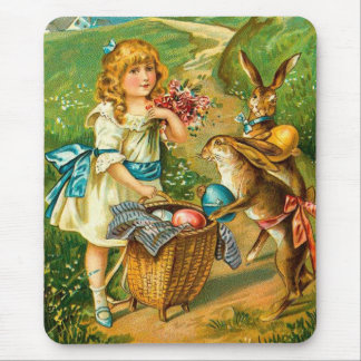 Mousepad Paisagem Floral de Páscoas de Raparigas e Bunnies