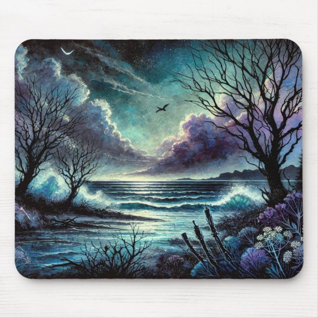 Mousepad Paisagem Marítima Mística ao Luar com Ondas e Árvo (Frente)