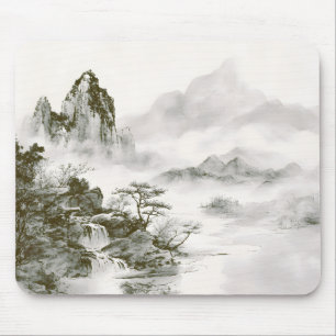 Mousepad Paisagem Minimalista de Montanha Zen com Tinta Neb
