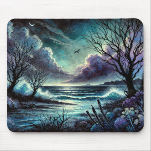 Mousepad Paisagem Mística Ligada à Lua com Ondas e Árvores