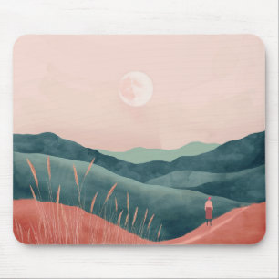 Mousepad Paisagem Montanhosa Boho Lua Rosa Verde Água