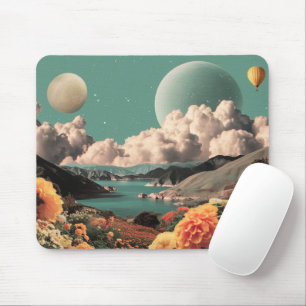 Mousepad Paisagem Montanhosa Surrealista com Planetas e Nuv