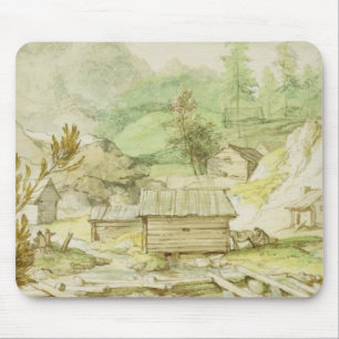 Mousepad Paisagem nórdica com cabana e o Weir de madeira