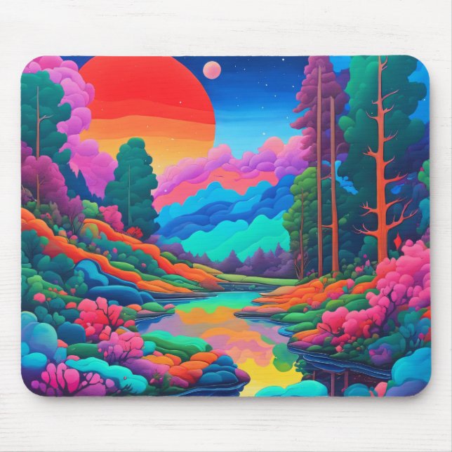Mousepad Paisagem psicodélica, arte verde rosa (Frente)