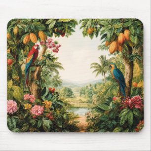 Mousepad Paisagem Tropical Cacau Papagaios Flor Aquarela