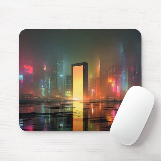 Mousepad Paisagem Urbana Futurista com Reflexos de Neon (Com mouse)