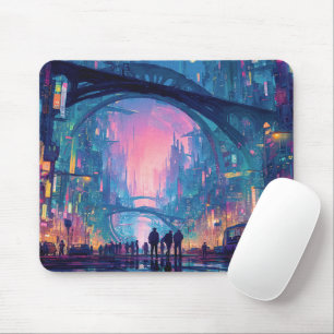 Mousepad Paisagem urbana futurista de Cyberpunk com arcos b