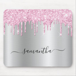 Mousepad Pale Pink Glitter Drips Silver Shimmer