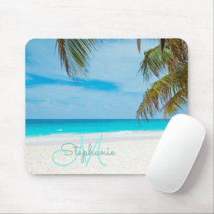 Mousepad Palma de Texto do Monograma de Turquesa de Praia T