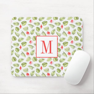 Mousepad Palma tropical verde deixa monograma rosa padrão