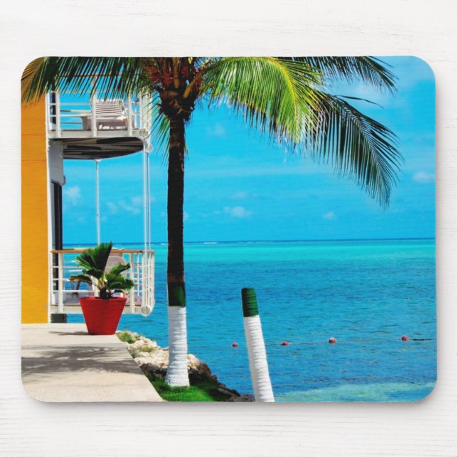 Mousepad Palmeira no jardim da frente de uma casa pelo mar (Frente)