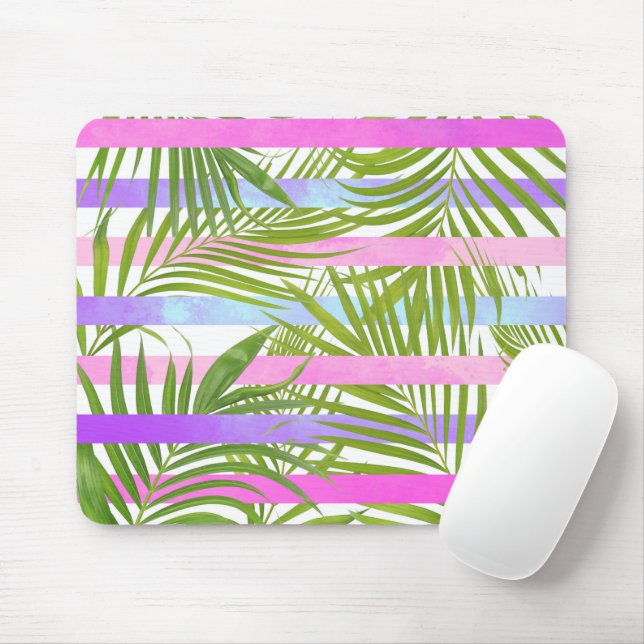 Mousepad Palmeiras tropicais, listras violetas rosa moderna (Com mouse)