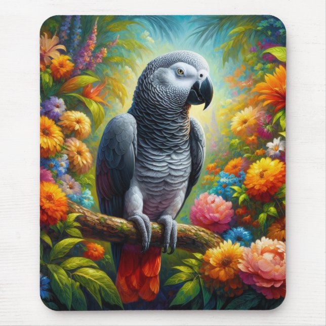 Mousepad Papagaio de Cinza Africano com Flores Coloridas (Frente)