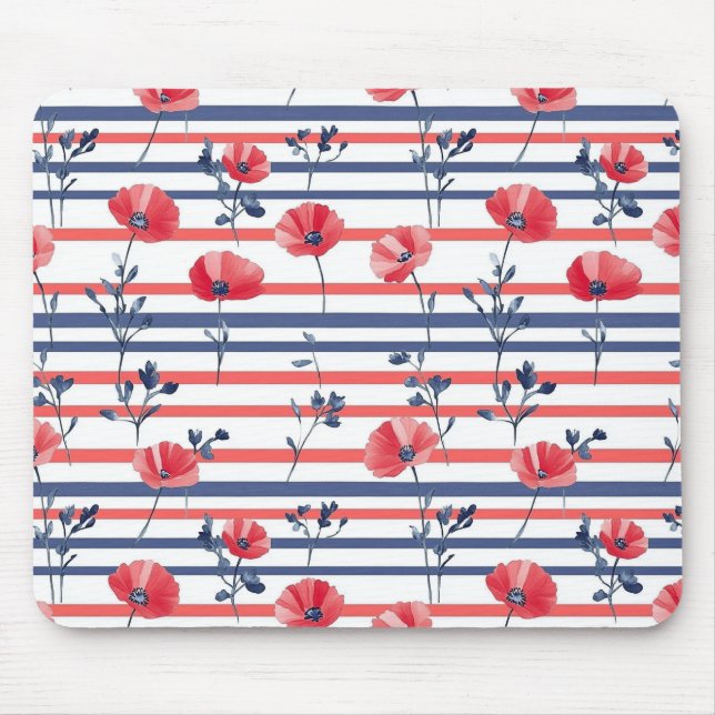 Mousepad Papagaios vermelhos com folhas azuis e padrão stri (Frente)