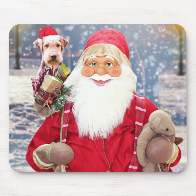Mousepad Papai Noel com presentes de Natal Airedale Dog (Frente)