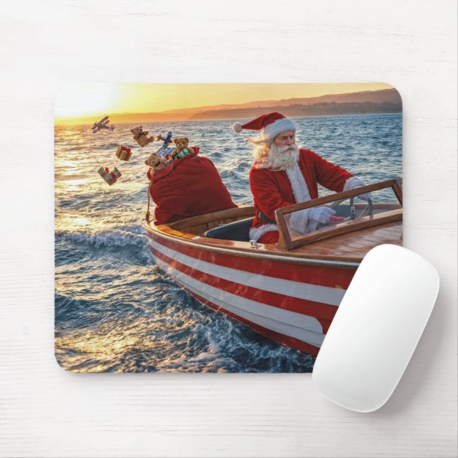 Mousepad Papai Noel dirigindo um barco veloz (Com mouse)