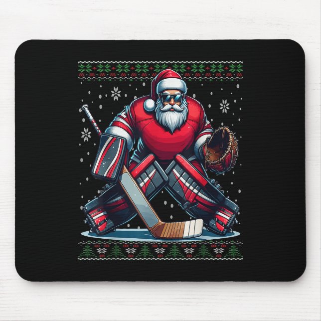 Mousepad Papais noeis de Natal Hockey Goalie Ugly Christmas (Frente)