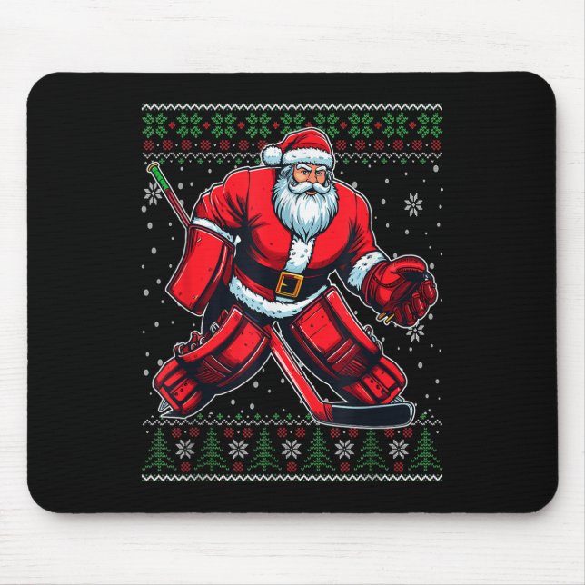 Mousepad Papais noeis de Natal Hockey Goalie Ugly Christmas (Frente)