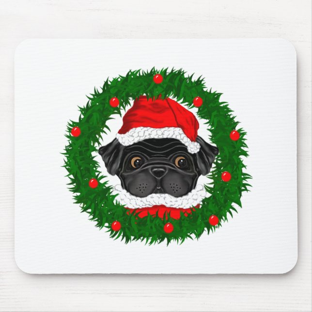 Mousepad Papais noeis de Pug Preto de Natal Bonito em Terra (Frente)