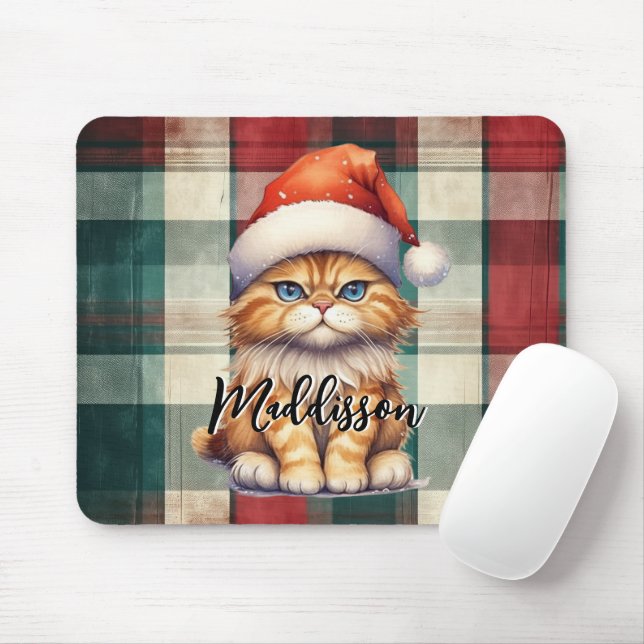 Mousepad Papais noeis de Xadrez de Natal Gato com Nome (Com mouse)