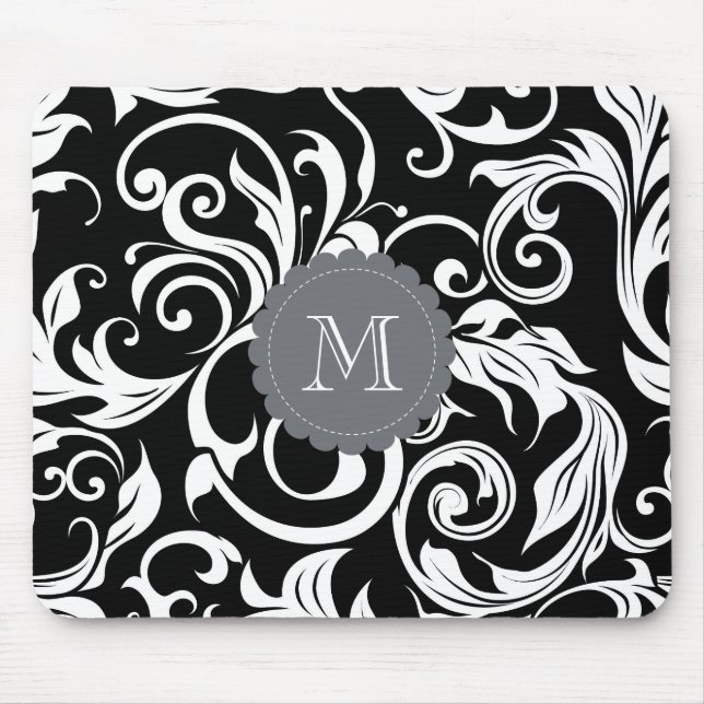 Mousepad Papel de parede floral do monograma branco preto (Frente)