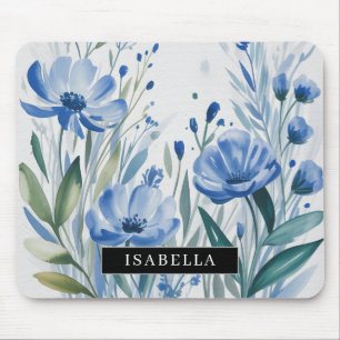 Mousepad Papel Mouse Jardim Florais Azul Aquarela