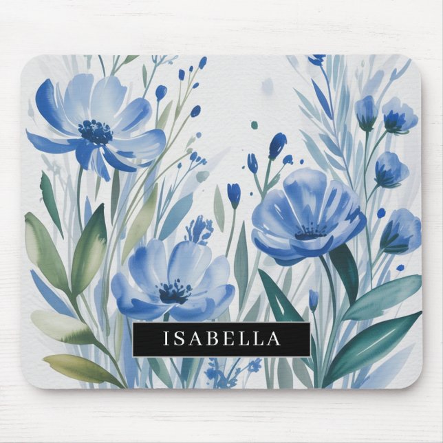 Mousepad Papel Mouse Jardim Florais Azul Aquarela (Frente)