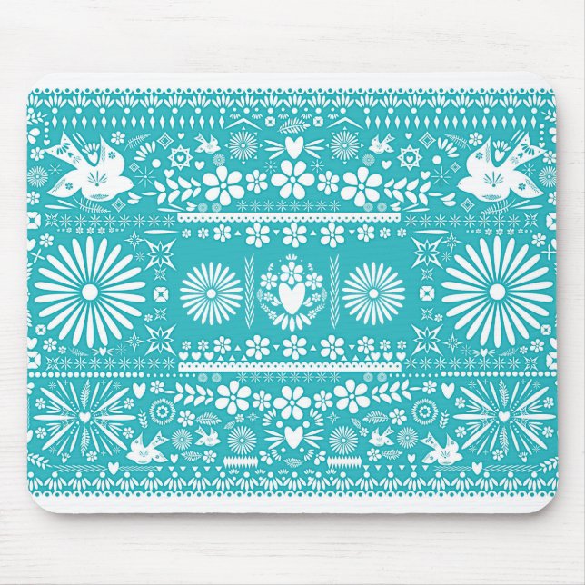 Mousepad Papel Picado Turquesa Azul Mexicano Cortado (Frente)