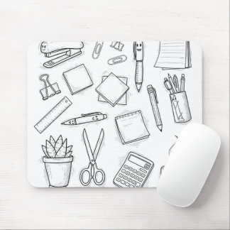 Mousepad Papelaria Fofa Kawaii Desenhos Preto e Branco Desl