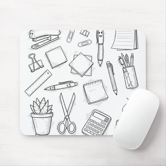 Mousepad Papelaria Fofa Kawaii Desenhos Preto e Branco Desl (Com mouse)