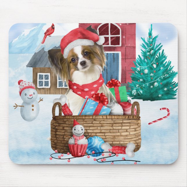 Mousepad Papillon Cão Na Neve Casa De Cachorro De Natal (Frente)
