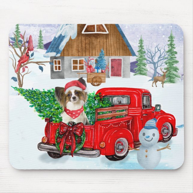 Mousepad Papillon Dog Em Neve De Caminhão No Parto De Natal (Frente)
