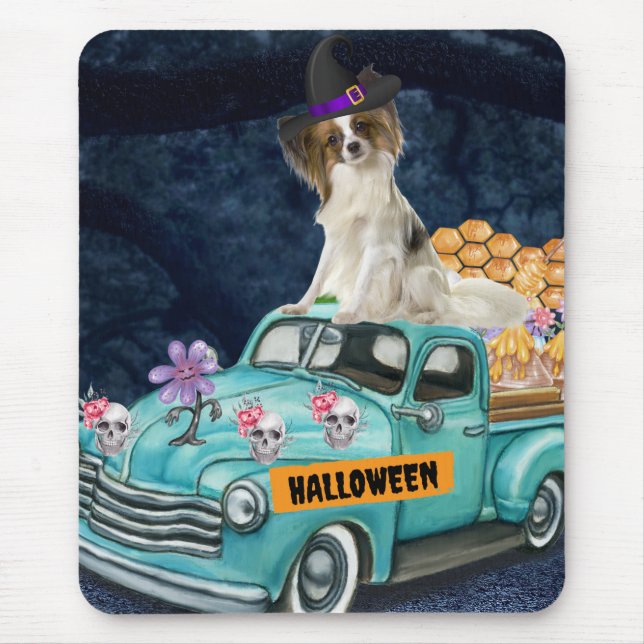 Mousepad Papillon Dog Halloween Truck Noite Assustadora (Frente)