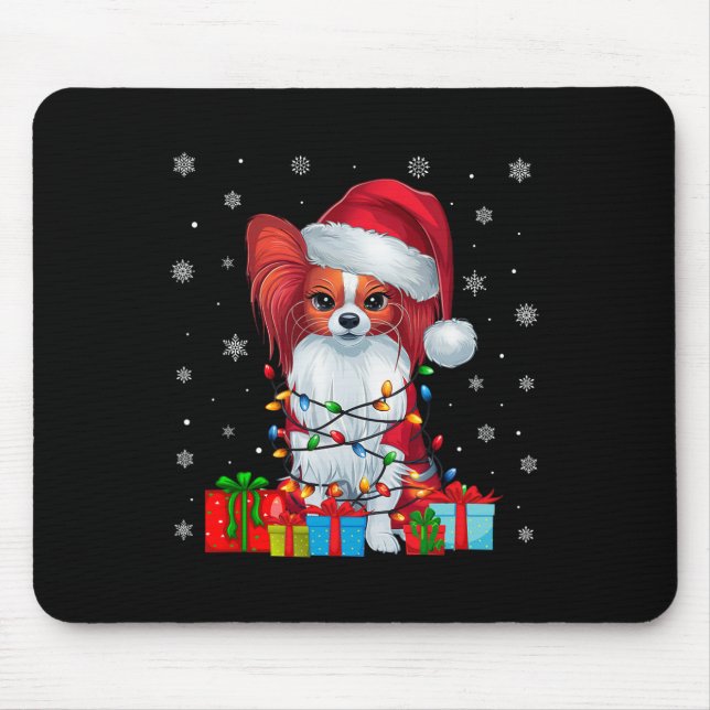 Mousepad Papillon Dog Ugly Xmas Luzes Papais noeis Papillon (Frente)