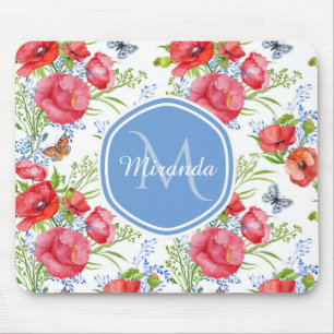 Mousepad Papoilas vermelhas bonitas com borboletas azuis e