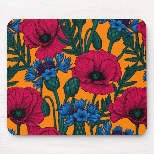 Mousepad Papoilas vermelhas e flores azuis em laranja (Frente)