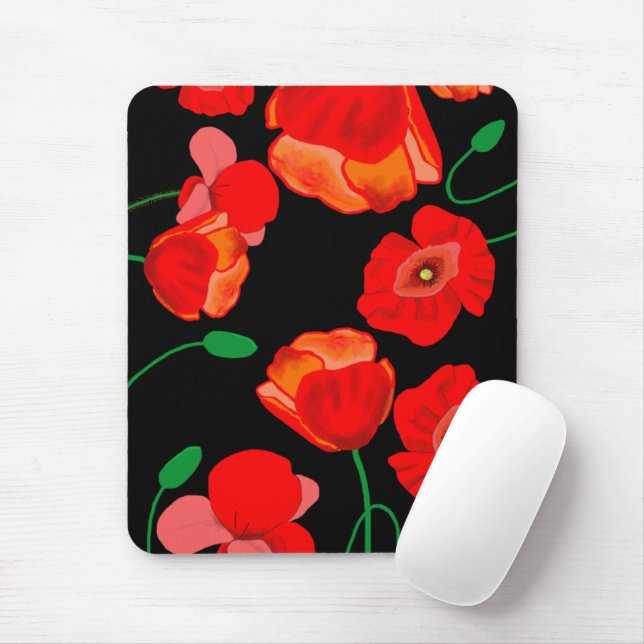 Mousepad Papoilas vermelhas na ilustração de fundo preto (Com mouse)