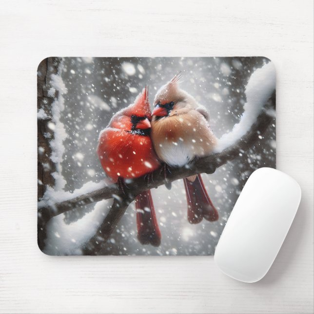 Mousepad Par de Cardeais em um Ramo de Neve (Com mouse)