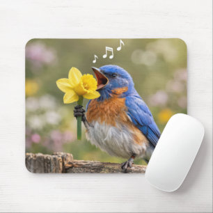 Mousepad Pássaro Azul Cantando em um Narciso Amarelo