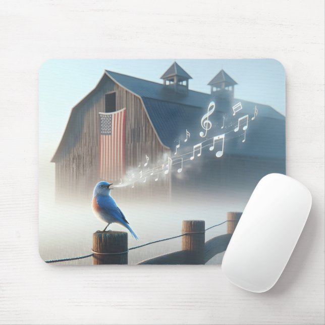 Mousepad Pássaro Azul Cantando na Névoa da Manhã (Com mouse)
