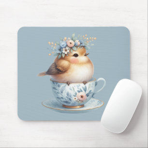 Mousepad Pássaro Azul Cugado com Coroa Floral em Teacup