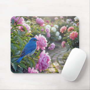 Mousepad Pássaro Azul em uma Peônia Rosa