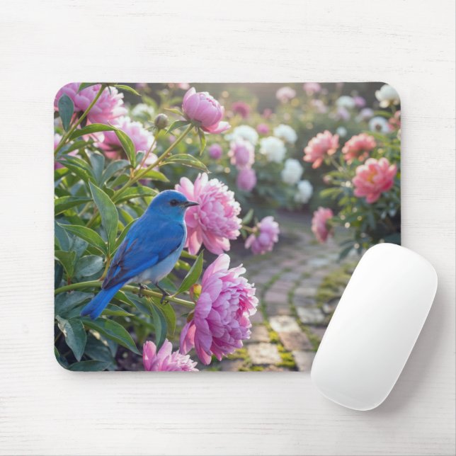 Mousepad Pássaro Azul em uma Peônia Rosa (Com mouse)
