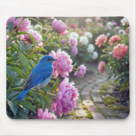Mousepad Pássaro Azul em uma Peônia Rosa