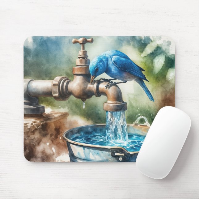 Mousepad Pássaro Azul em uma Torneira Velha (Com mouse)