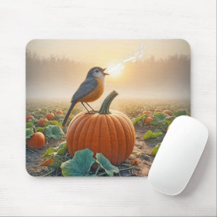 Mousepad Pássaro Cantando Em Um Pumpkin Laranja