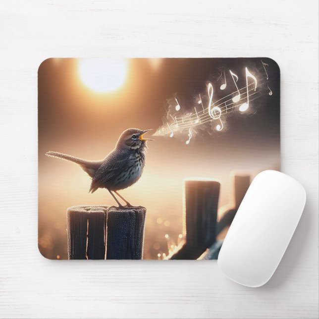 Mousepad Pássaro Cantando Uma Música Em Um Fencepost (Com mouse)