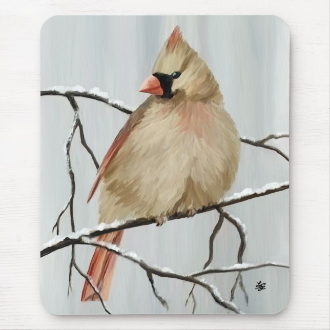 Mousepad Pássaro Cardinal Do norte No Inverno (Frente)
