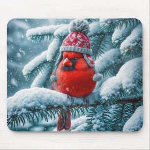 Mousepad Pássaro Cardinho Vermelho Vestindo Chapéu de inver