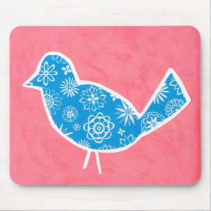 Mousepad Pássaro Decorativo com Padrões em Fundo Rosa